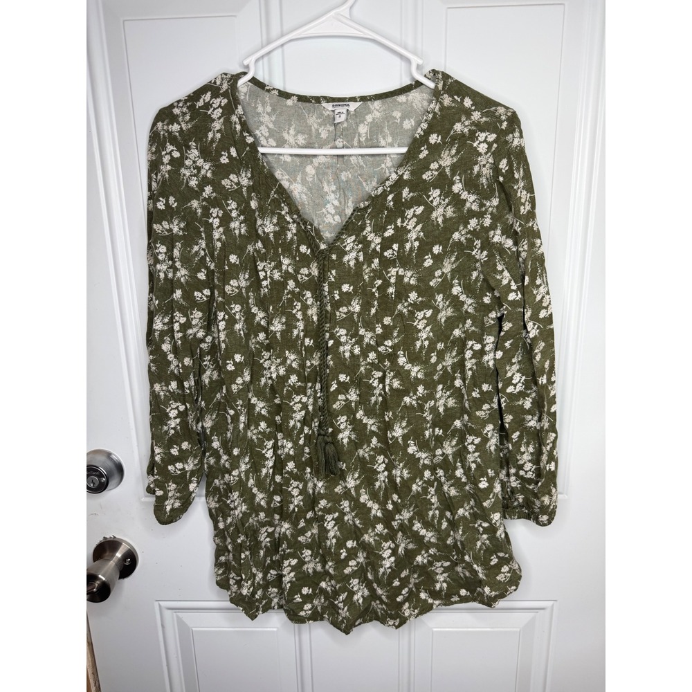 Sonoma Goods For Life Womens Olive Green Floral Peasant Blouse Tassel Top Small